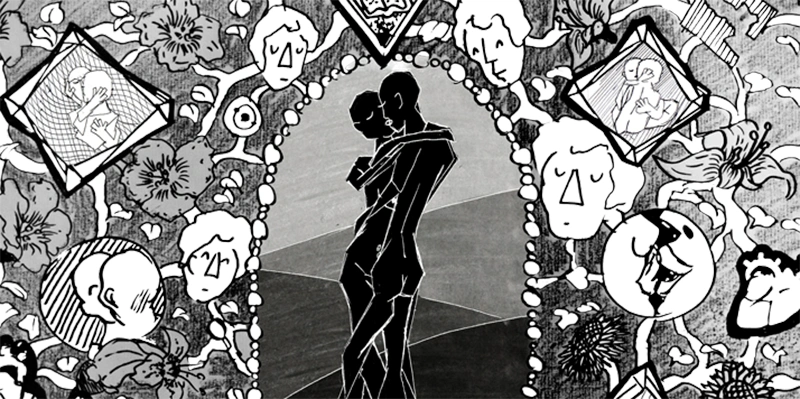illustration of lovers kissing with love elements around